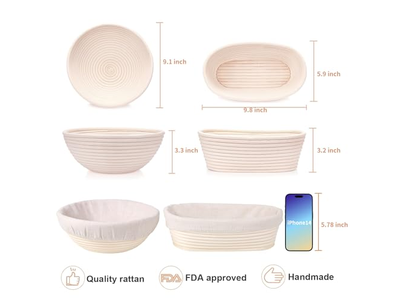 مجموعة خبز البانون البيضاوية بقياس 9 بوصات سعة 1 كجم حجم كبير مخصص من الخيزران المستطيل